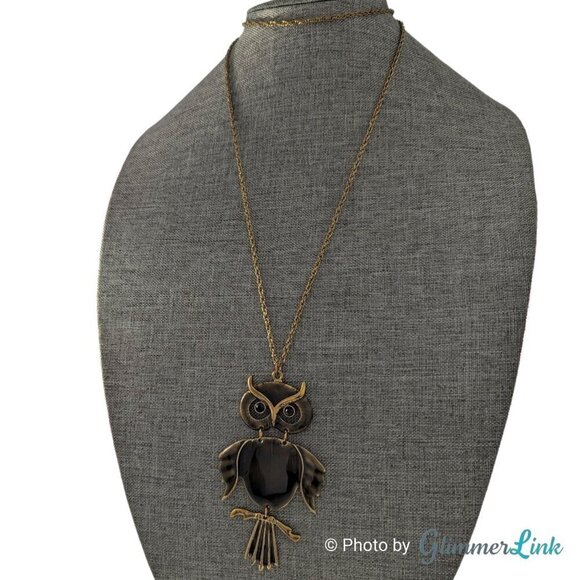 Articulated Enameled Owl Long Antiqued Gold Tone Chain Necklace - Picture 4 of 14